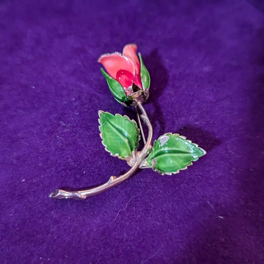 Vintage GIOVANNI Long Stem Enamel Rose Brooch